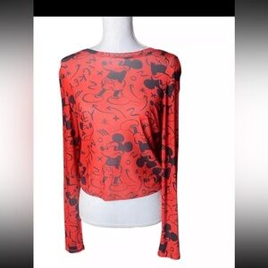 Disney Mickey Mouse Womens Red Mesh Long Sleeve Graphic T-Shirt Size Large NWT